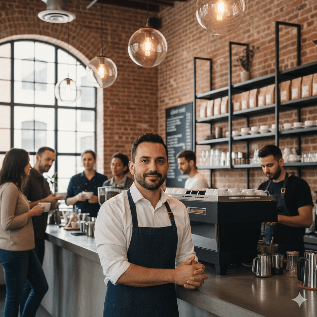 Restaurant owner behind counter
